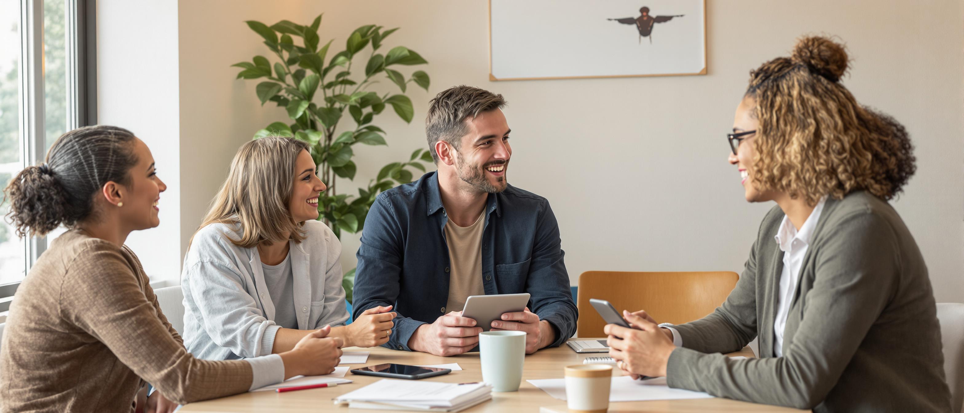 Groupe de nouveaux agents heureux, ambiance conviviale