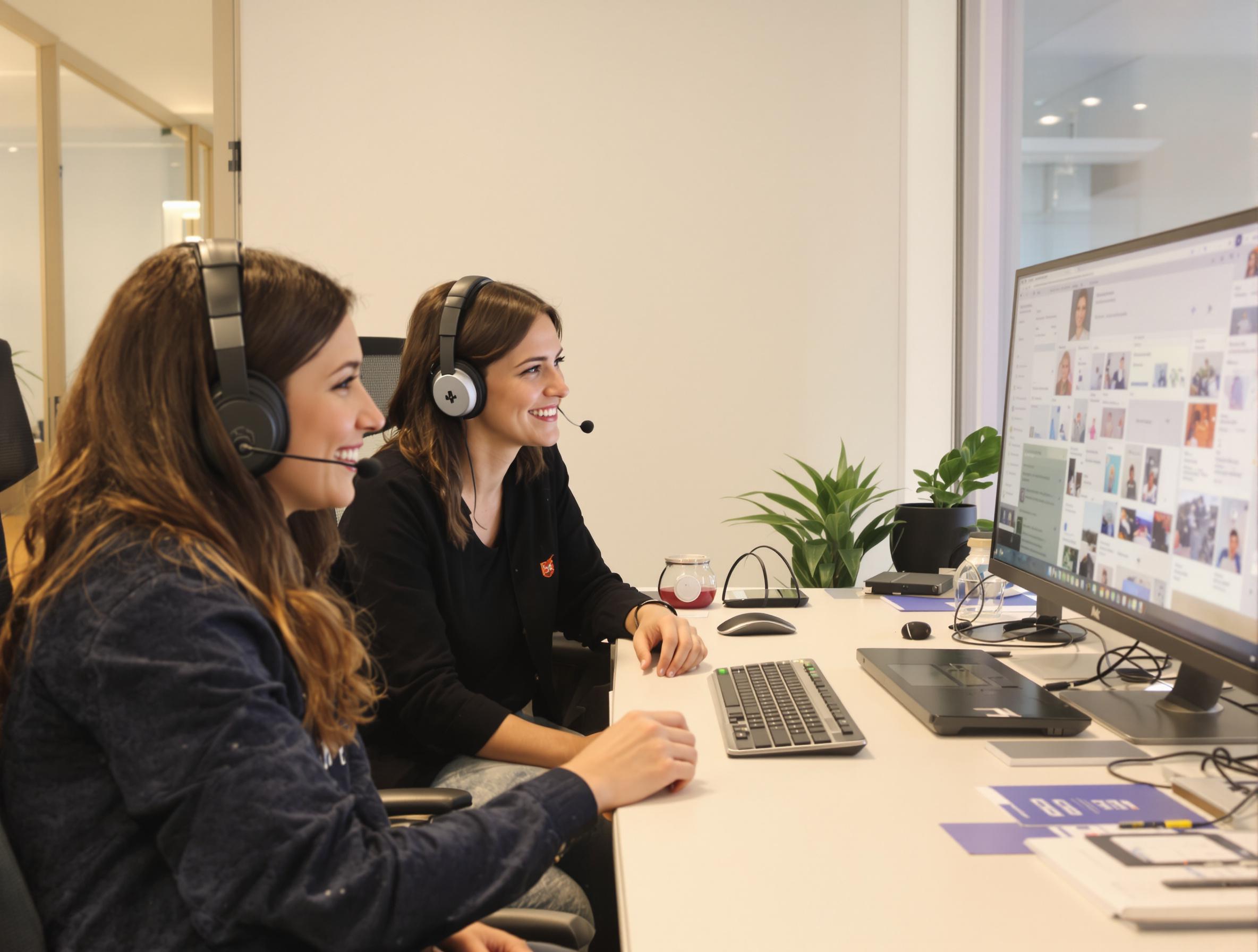 Équipe souriante avec casque téléphonique